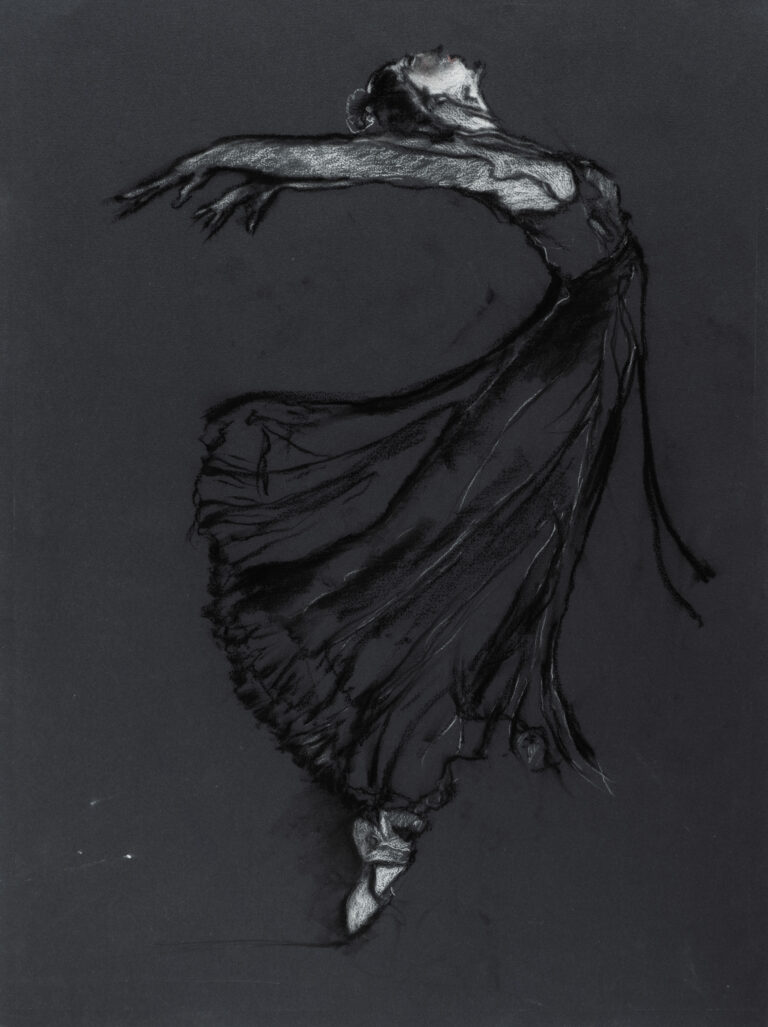 Drawing of a single female ballerina in black chalk on black paper. The ballerina stands on one foot with her arms thrown behind her.