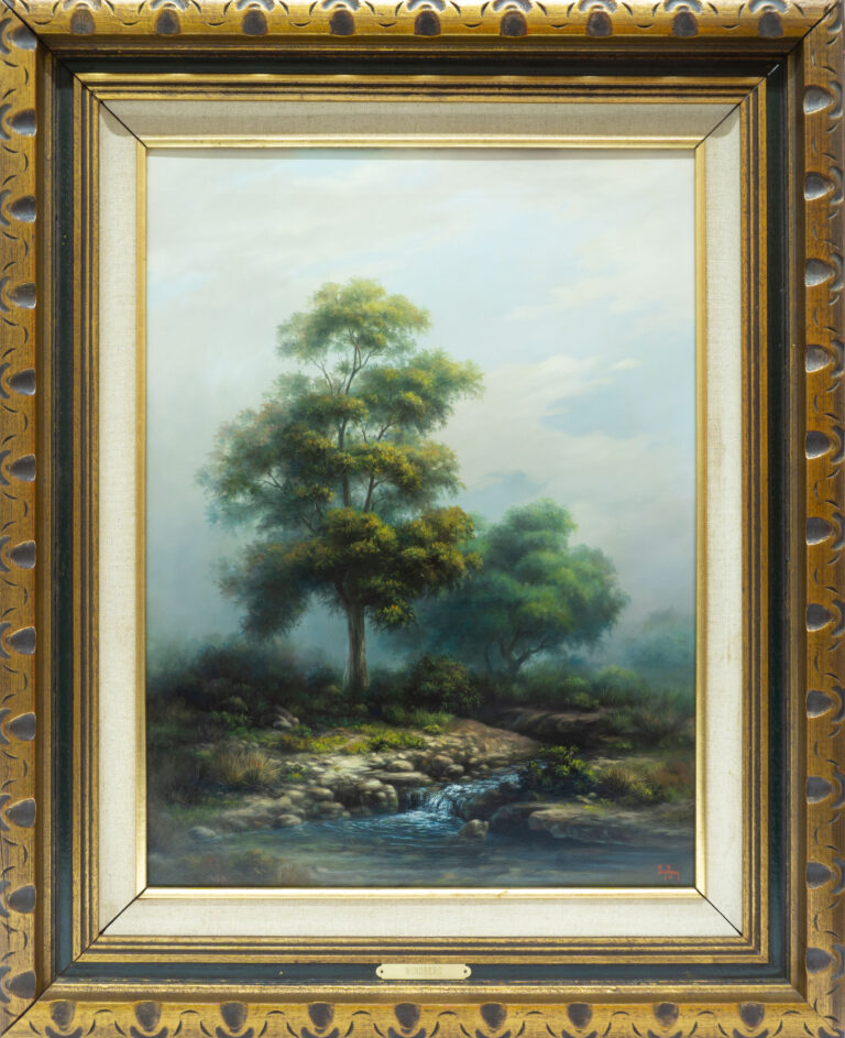 Moody painting of a landscape with a tall tree next to a creek bed.