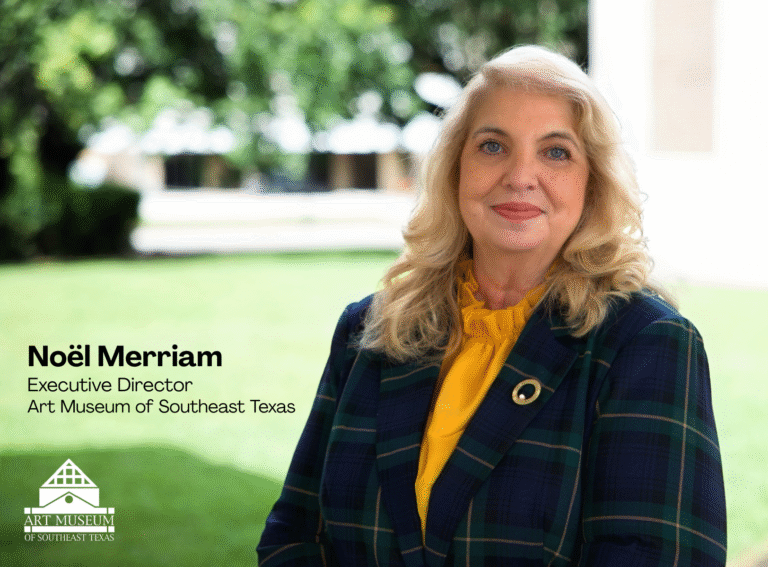 Headshot of new Executive Director of the Art Museum of Southeast Texas standing outside in front of the museum. Text reads Noel Merriam, Executive Director of the Art Museum of Southeast Texas.